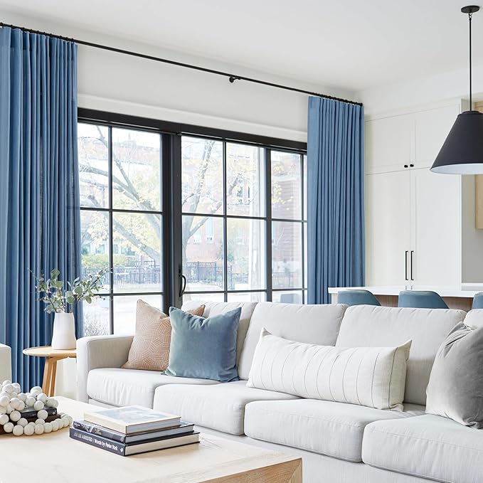 Denim Blue Curtains for Living Room Back Tab Modern Farmhouse Semi Sheer Blue Curtains 102 inches Long 2 Panels Set Muted Neutral Window Curtain for Dining Room Bedroom 52x102
