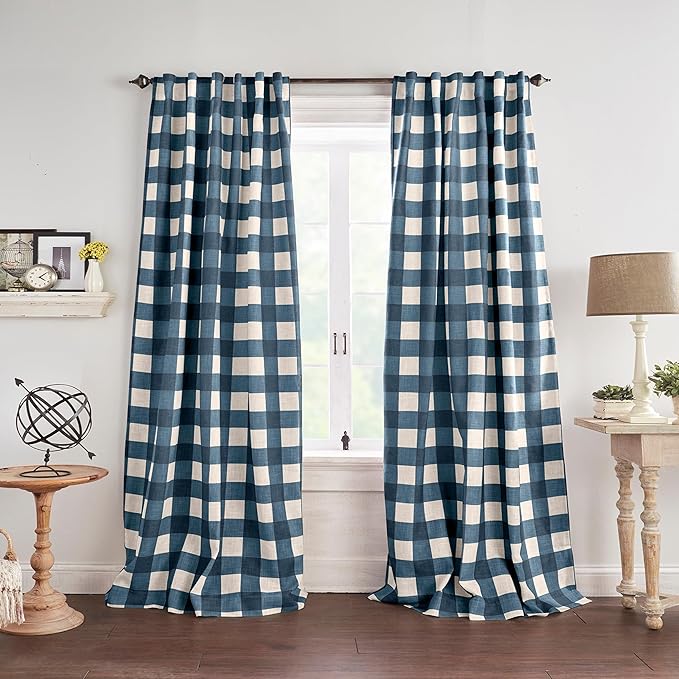 Elrene Home Fashions Farmhouse Living Grainger Buffalo-Check Blackout Window Curtain, Living Room and Bedroom Drape with Rod Pocket Tabs, 52" x 84", Indigo, 1 Panel