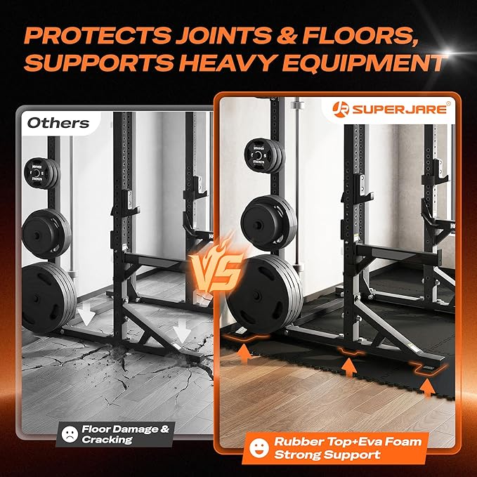 SUPERJARE 0.56'' Thick 12 Pcs 48 Sq Ft Rubber Top Exercise Equipment Mats, High Density EVA Foam Mats with Rubber Top, Interlocking Gym Flooring for Home Gym, Protective Workout Mat, Black