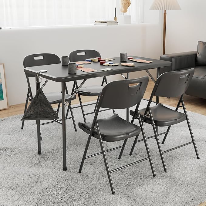 VECELO 4 Pack Folding Chairs, Indoor/Outdoor Use Plastic Seat with Steel Frame, for Events, Office, Wedding, Party, Stackable & Portable, Black