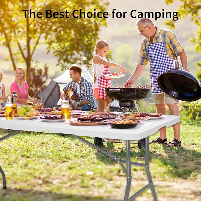 6 FT Folding Table for Indoor Outdoor, Portable Heavy Duty Folding Camping Tables for Eating, Fold-in-Half Plastic Dining Picnic Party Utility Card Table with Carrying Handle, 71x29 inch