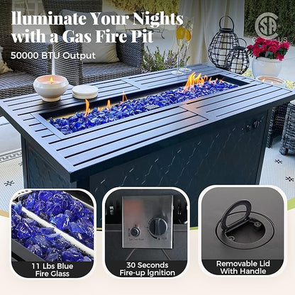 Patio Furniture Set, 6 Pcs Metal Outdoor Conversation Set, 2 Swivel Chairs, 2 Ottomans and 3 Seater Sofa with 5.75" Extra Thick Cushion and Gas Fire Pit Table, Gemstone Blue