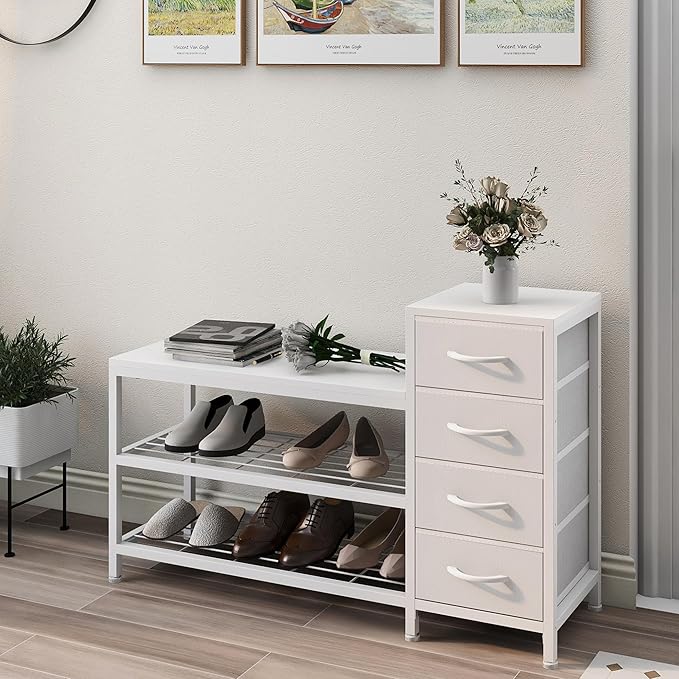EXOTICA 3-Tier Shoe Storage Bench White Entryway Shoe Rack with 4 Drawers and Seating Shoe Shelf Storage Cabinet for Hallway Front Door Doorway Living Room Mudroom Steel Frame