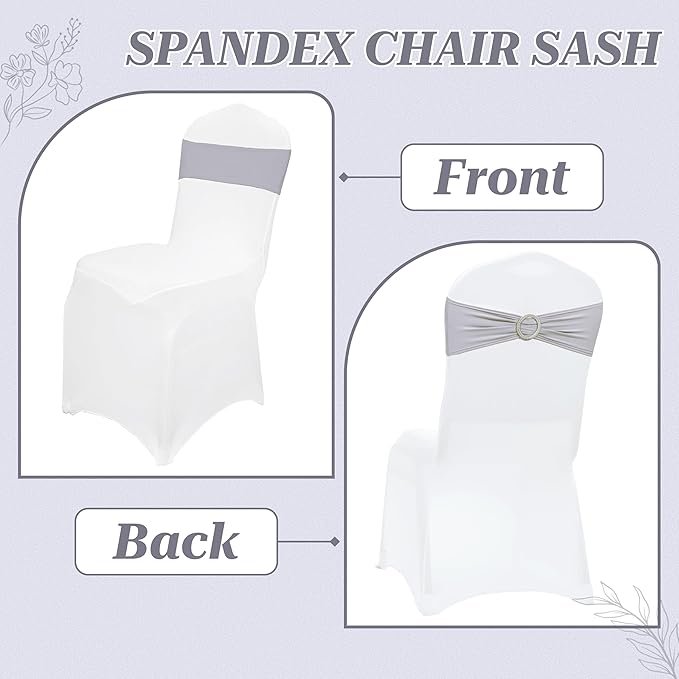 MDS Pack of 100 Spandex Chair Sashes Bow Premium Stretch Chair Cover Band with Buckle Slider Universal fits Elastic Dining Chair Ties for Wedding Party Banquet Events Decoration - Light Silver