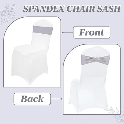 MDS Pack of 100 Spandex Chair Sashes Bow Premium Stretch Chair Cover Band with Buckle Slider Universal fits Elastic Dining Chair Ties for Wedding Party Banquet Events Decoration - Light Silver