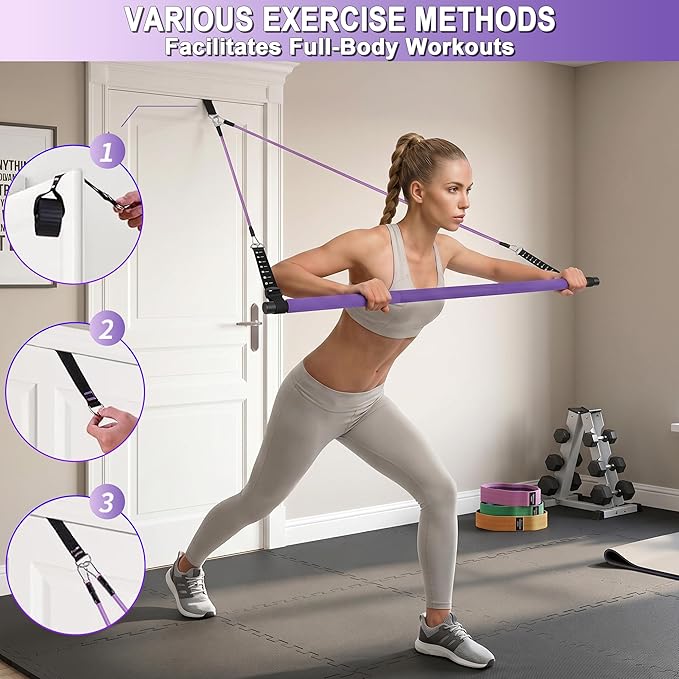 Goocrun Portable Pilates Bar Kit with Resistance Bands for Men and Women - 3 Set Exercise Resistance Bands - Multifunctional Home Gym - Supports Full-Body Workouts – with Fitness Poster and Video