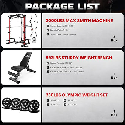 JELENS SR01 Smith Machine, 2000LBS Multi-Function Power Cage with LAT Pulldown System, All-in-One Home Gym Squat Rack with Smith Bar and Training Attachments for Full Body Workouts