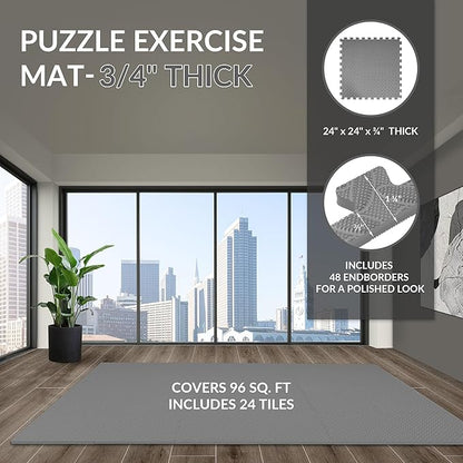 Fitvids Puzzle Exercise Gym Flooring Mat, 3/4" Thick High-Density EVA Interlocking Tiles, Workout Mat for Home Gym, Fitness Equipment, MMA, Gymnastics, 24-Piece Shock-Absorbing Exercise Mat (96 Sq Ft)