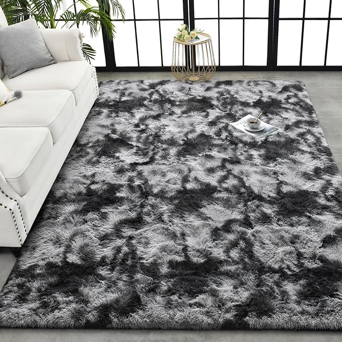 TWINNIS Super Soft Shaggy Rugs Fluffy Carpets 6x9 Feet, Indoor Modern Plush Area Rugs for Living Room Bedroom Kids Room Nursery Home Decor, Upgrade Anti-Skid Fuzzy Rug, Black and Grey