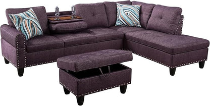 L Shaped Sectional Couch with Otttoman, 97" Sectional Sofa for Living Room Flannel Modular Couches with Cup Holders for Bedroom, Apartments, Purple