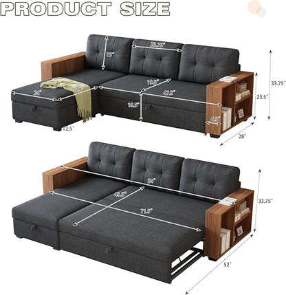 Ball & Cast 84" Sectional Sleeper Sofa with Storage Chaise,L Shaped Pull Out Couch Bed with Wooden Armrests and 3 Removable Back Cushion for Living Room,Apartment,Office,Dark Grey