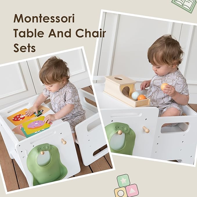 Montessori Weaning Table and Chair Set - Adjustable Design for Toddlers, Ideal for Mealtime, Learning, and Play, White