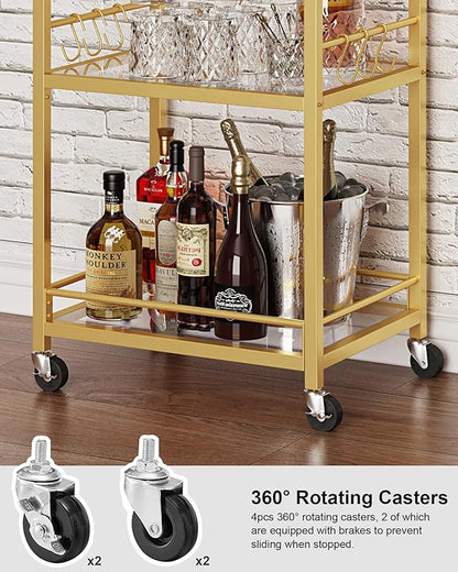 TUTOTAK Bar Cart, Home Bar Serving Cart with 3-Tier Mirrored Shelf, Wine Cart, Mobile Kitchen Shelf, Gold BC01BB034