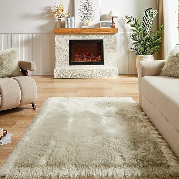 AMTOVO Faux Fur Sheepskin Rug for Living Room, 4 x 6 ft Light Grey Fluffy Area Rug for Bedroom, Playroom, Luxury Room Decor, Rectangle