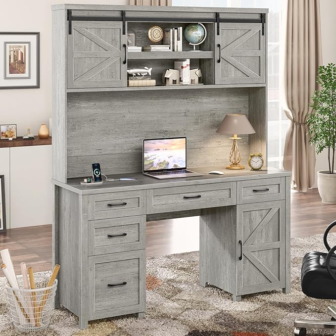 67''H Farmhouse Executive Desk with Hutch & 5 Drawers, Rustic Office Desks Computer Desks with Charging Station, File Drawers and Storage Cabinets, Wood Workspace for Home Office & Study,Grey.