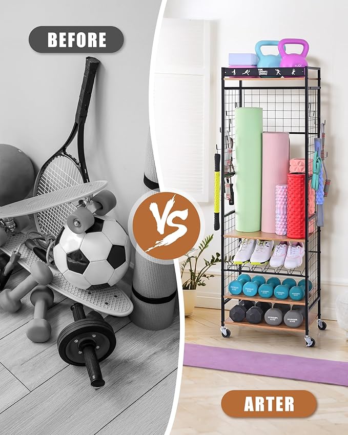 Mythinglogic Weight Rack for Dumbbells, Home Gym Storage for Yoga Mat Dumbbells Kettlebells and Strength Training Equipment, Dumbbell Rack with Wheels and Hanging Hooks