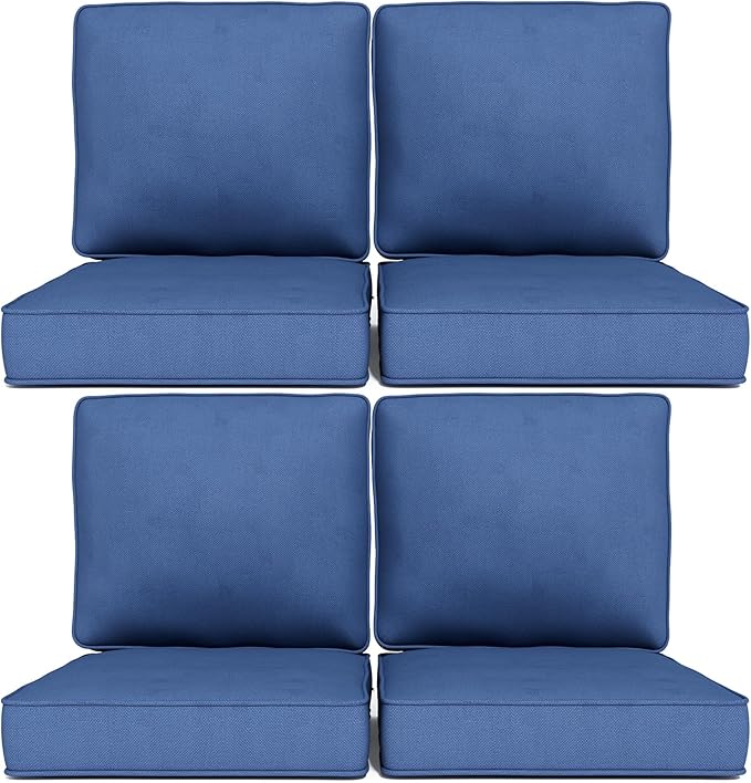 Outdoor Chair Cushions 23" x 24" x 4", Patio Deep Seat Replacement Cushions Set with Zippered Removable Cover, Weather-Resistant Olefin Fabric for Garden Chair Sofa Couch, Set of 4, Blue