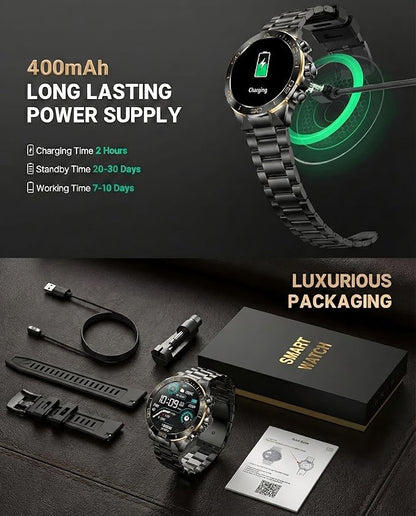 SOUYIE Men's Smart Watch with Bluetooth Call, 1.43" AMOLED Round Dial, Luxury Stainless Steel & Silicone Bands, Business Sport Fitness Tracker, Heart Rate/Blood Pressure/Sleep Monitor for iOS Android