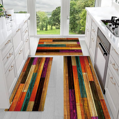 Sofort Kitchen Rugs Sets of 3, Colorful Wooden Abstract Kitchen Mats