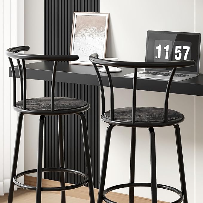 VECELO Bar Stools Set of 2, Swivel Counter Barstools with Backrest, Bar Height Chairs for Dining Room, Kitchen Island, Pub, Easy Assembly, Retro Grey