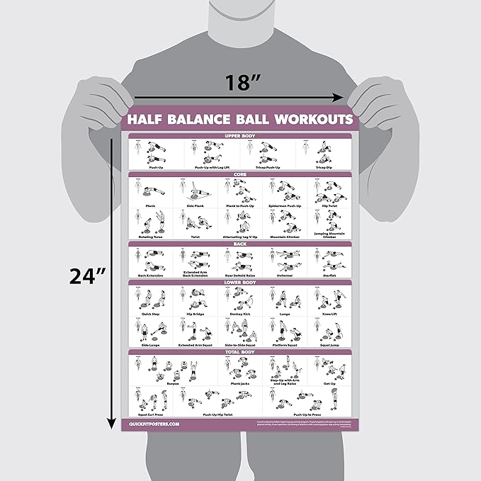 2 Pack: Half Balance Ball Workout Poster + Yoga Ball Exercise Chart - Set of 2 Workout Posters