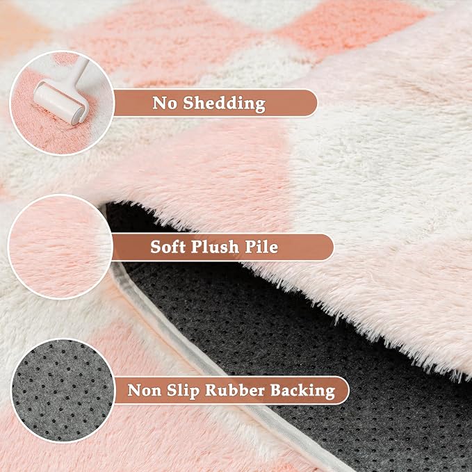 PureCozy Checkered Rug 6x9 Fluffy Shag Living Room Pink Area Rug Modern