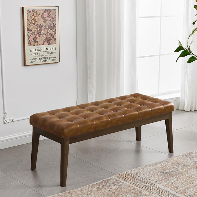 End of Bed Bedroom Bench, Faux Leather Upholstered Tufted Bench for Bedroom End of Bed with Solid Wood Legs for Bedroom Living Room Entryway(Brown)