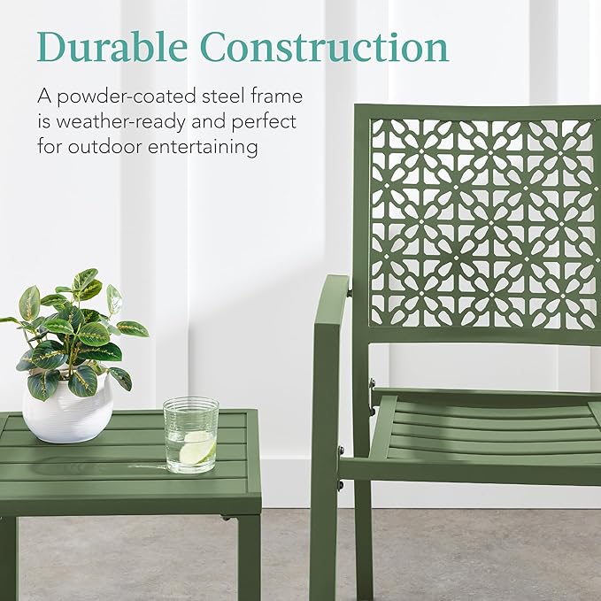 Best Choice Products 3-Piece Outdoor Bistro Set, Stackable Modern Steel Furniture for Porch, Garden w/ 2 Chairs, Table, Geometric Decor - Sage Green