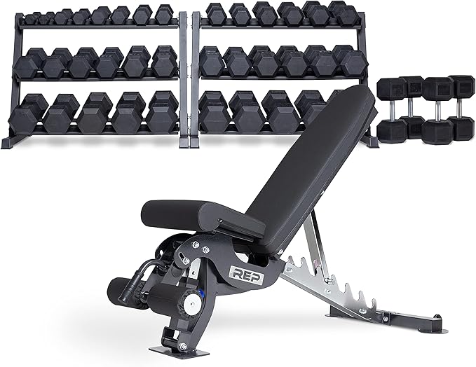 REP FITNESS Dumbbell Set with Bench – 5-50, 5-75 or 5-100 Rubber Hex Dumbbell Set with Either Flat or Adjustable Bench