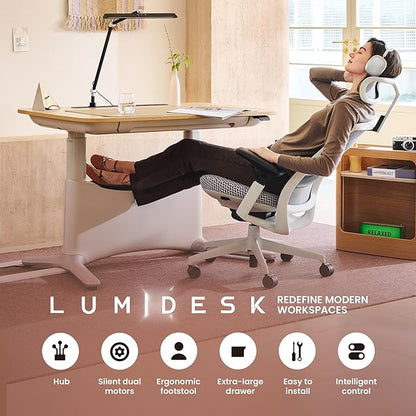 COLAMY Electric Standing Desk, Whole-Piece Gaming Desk with Dual Motors, Ergonomic Footrest, Drawers for Storage, Adjustable Height Sit-Stand Desk for Home Office (Veneer Desktop, Oak + White)