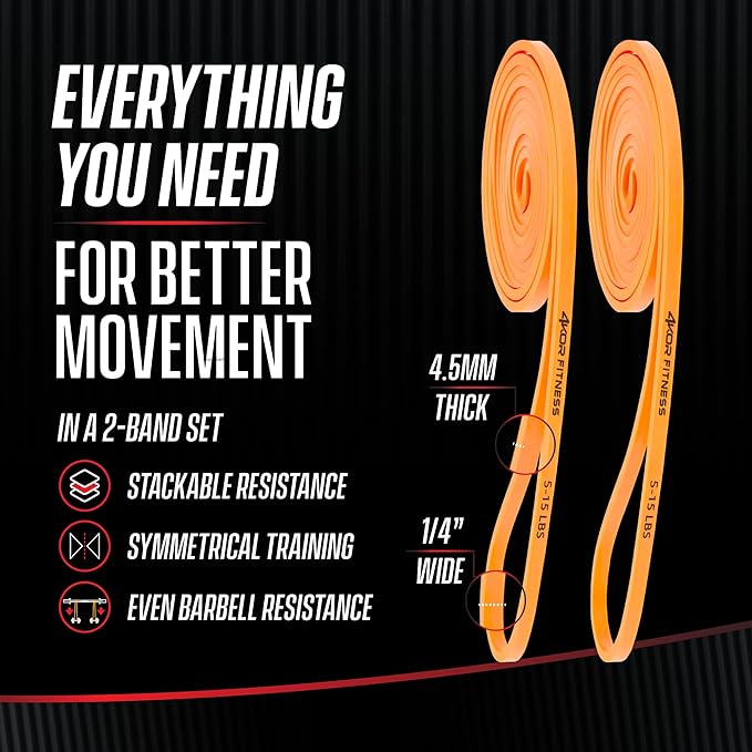 4KOR Fitness 41” Resistance Loop Band - Pair of 2 Orange Resistance Bands (5 to 15 Pounds - 0.25 inches Wide) for Mobility, Yoga, Physical Therapy, Pull Ups, Home or Gym Workouts and More