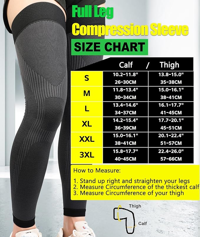 KEKING® Full Leg Compression Sleeves, Unisex, Thigh High Compression Stocking 20-30mmHg Graduated Support for Thigh Calf Knee, Running, Basketball, Reduce Varicose Veins and Swelling, 1 Pair, Black L