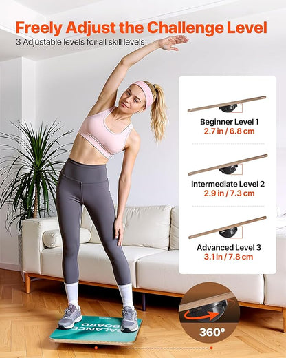 VEVOR Balance Board, 360° Rotating Wobble Board Trainer for Adults 3-Level Adjustable, Wooden Balance Training Equipment, Slip-Resistant Surface for Core Workout, Standing Desk Exercise, Home Gym