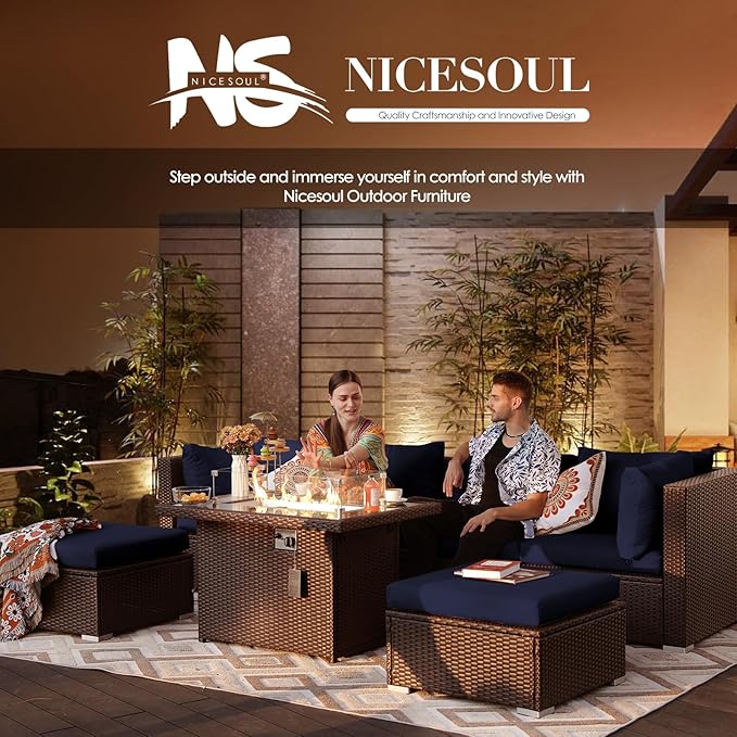 NICESOUL Large Size 9 Pcs Outdoor Patio Sectional Sofa Set with Firepit Natural Gas/Propane, 29.3'' High Back Conversation Sectional Couch Sets Deep Wide Sitting, Brown Rattan and Navy Blue Cushion