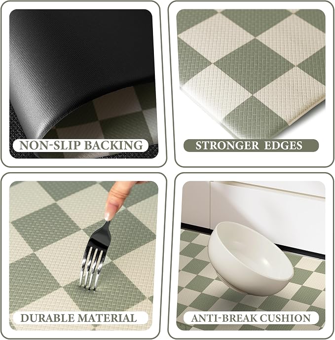 Beige Sage Checkered Grid Checkerboard Kitchen Rug Sets, Anti-Fatigue,
