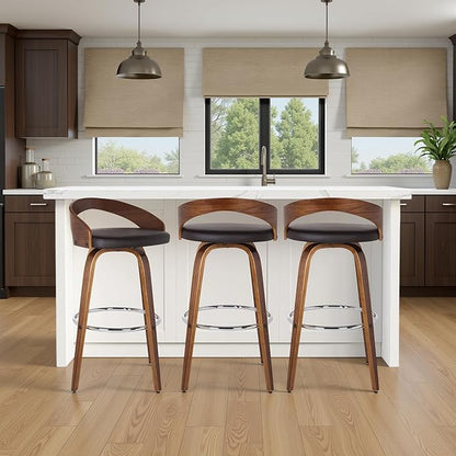 Armen Living Sonia 26" Counter Height Swivel Brown Faux Leather and Walnut Wood Bar Stool - Set of 3