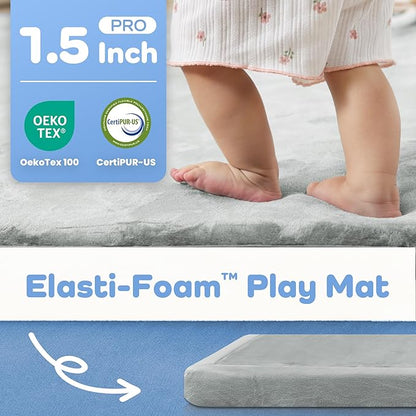 1.5" Thick Padded Baby Play Mat for Floor Tummy Time, Pro Soft Foam Activity Playroom Playmats, Easy Care with Non-Slip Safe for Infant Toddler Kids Crawling 59"x 71" (Light Grey)