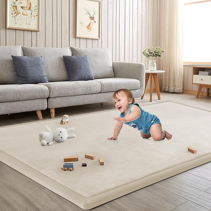 Baby Play Mat for Floor Nursery Rug Muscle Mat Area Rug Playroom Rug 59"x59" Playpen Mat Memory Foam 1.3" Thick Crawling Mat for Babies,Toddlers, Infants, Kids,A Beige