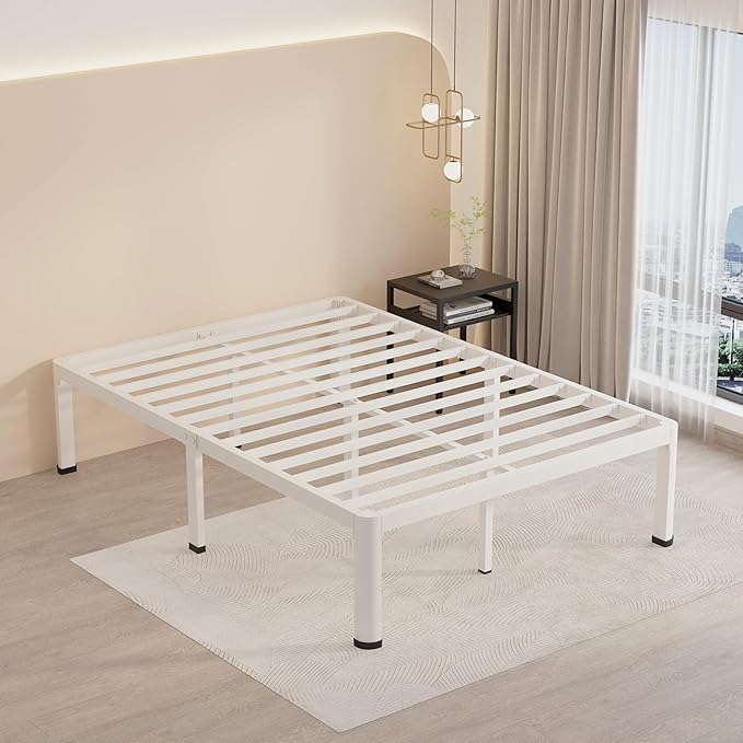 MAF 18 Inch Full Size Bed Frame White with Round Corner Legs Mattress Slide Stopper No Box Spring Needed Heavy Duty Metal Platform Bed Frames Under-Bed Storage Space, 3000 LBS Steel Slats Support