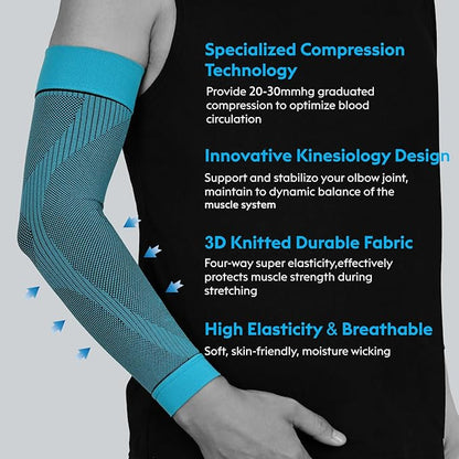 KEKING® Compression Arm Sleeves, Pair, Firm 20-30mmHg Graduated Compression Full Arm Support for Recovery, Pain Relief, Tendonitis, Golfers & Tennis Elbow Brace, Workouts Sports - Latex Free Blue S