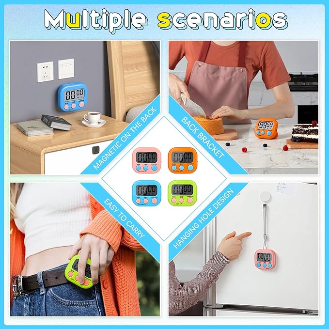 Mwellewm 24 Pcs Digital Timers for Classroom Kitchen Timers for Cooking Small Magnetic Stopwatch 6 Colors Mini Countdown Timer Loud Alarm Stop for Study Work Baking Sports Games Office Timer Clock