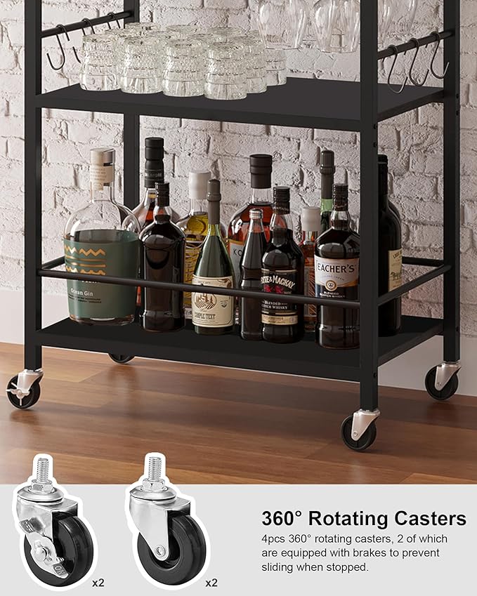 TUTOTAK Bar Cart, Home Bar Serving Cart with 3-Tier Shelf, Drink Cart with Wine Rack, Glass Holder, Rolling bar carts for The Home, Living Room, Brown V1BC01BK035