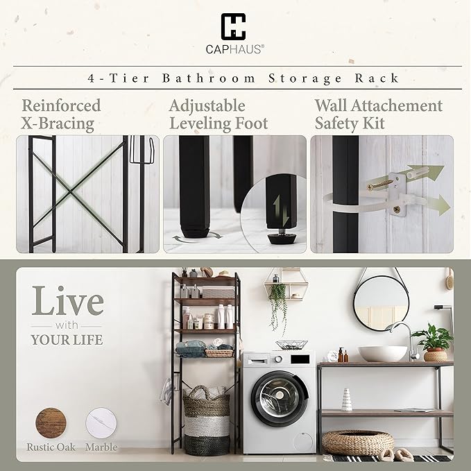 CAPHAUS Over The Toilet Storage, 4-Tier Bathroom Organizer, Freestanding Toilet Shelf, Multifunctional Space Saver Toilet Rack with 4 Hooks, Laundry Organizer, Plant Stand for Balcony (Rustic Oak)