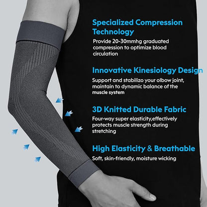 KEKING® Compression Arm Sleeves, Pair, Firm 20-30mmHg Graduated Compression Full Arm Support for Recovery, Pain Relief, Tendonitis, Golfers & Tennis Elbow Brace, Workouts Sports - Latex Free Grey M