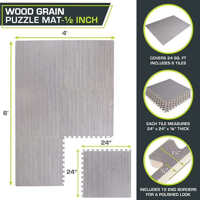ProsourceFit Wood Grain Puzzle Mat ½-inch, 6 EVA Foam Interlocking Floor Tiles (24 Sq Ft) for Secure Indoor Room Workout Flooring and Playmat