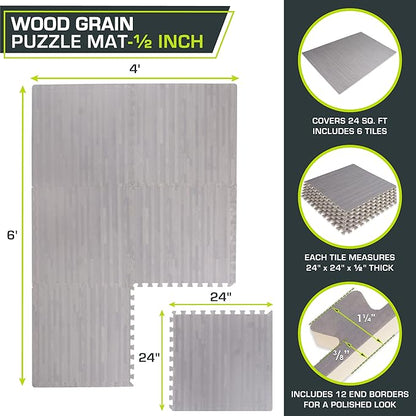 ProsourceFit Wood Grain Puzzle Mat ½-inch, 6 EVA Foam Interlocking Floor Tiles (24 Sq Ft) for Secure Indoor Room Workout Flooring and Playmat