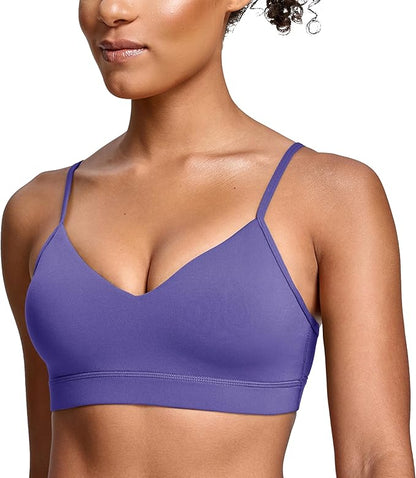 Oalka V Neck Sports Bra for Women Adjustable Padded Thin Straps Wireless Yoga Bras