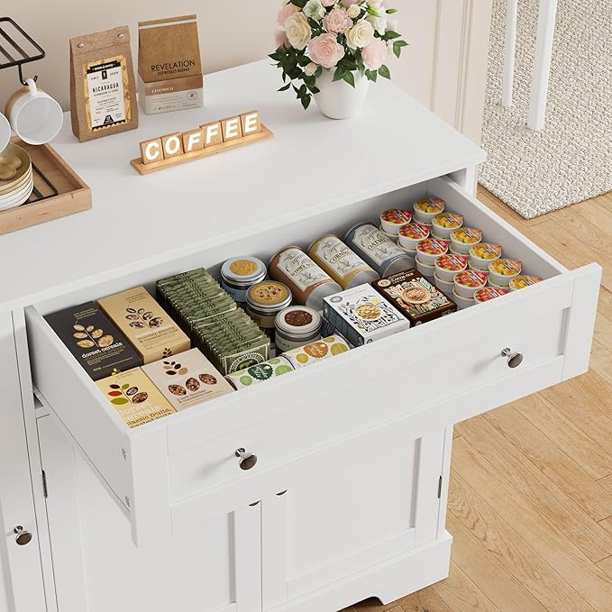 HOSTACK Buffet Cabinet with Storage, Modern Sideboard Buffet with Doors, Wood Coffee Bar Kitchen Storage Cabinet with Drawer and Adjustable Shelf for Kitchen, Dining Room, Living Room, White