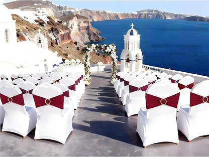 Burgundy Chair Sashes 50 Pack with Gold Buckle Slider, Spandex Wine Red Chair Bands Bows for Folding Chairs Wedding Party Banquet Décor
