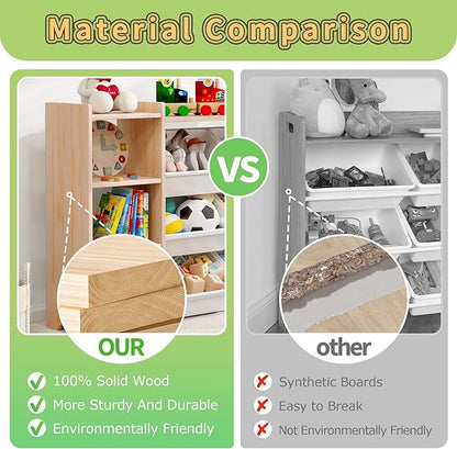 MallBest 4-Tier Kids' Toy Storage Organizer Shelf - 100% Solid Wood,Extra Wide Children's Storage Cabinet with 9 Plastic Bins and 6 Storage Ports